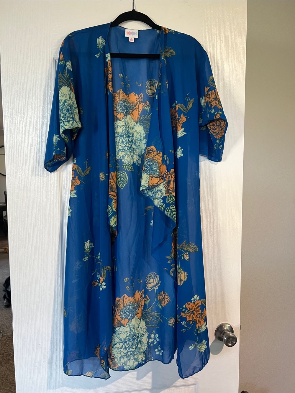 LuLaRoe Teal-Blue Floral Sheer Open Front Dress